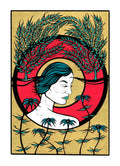 Affiche verticale illustrée, fond rouge : femme profil bleue, cercle végétal et fleurs