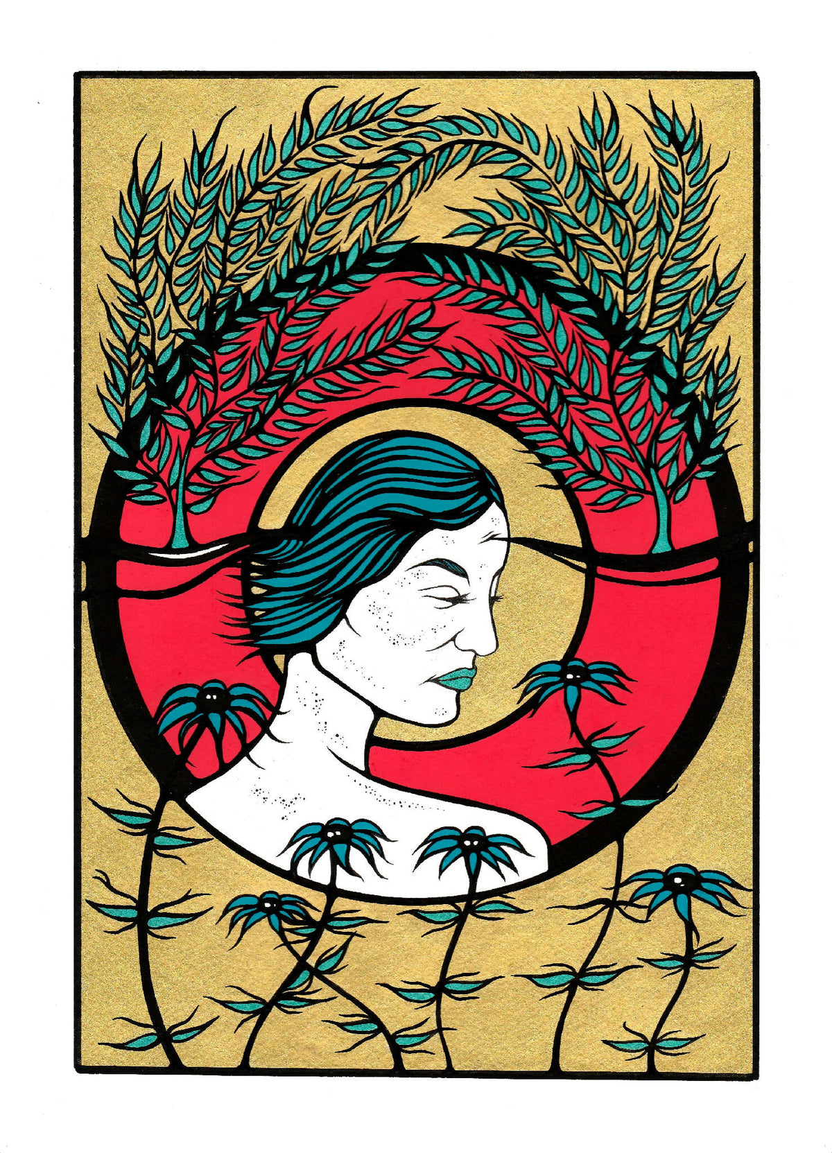 Affiche verticale illustrée, fond rouge : femme profil bleue, cercle végétal et fleurs