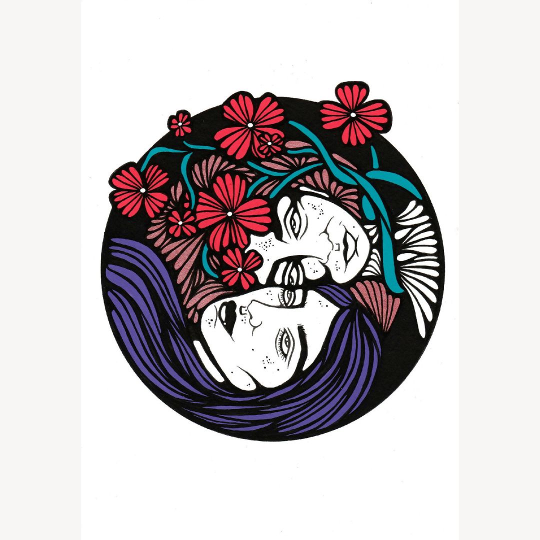 Illustration circulaire : deux visages enserrés, fleurs roses, style gravure sur fond sombre
