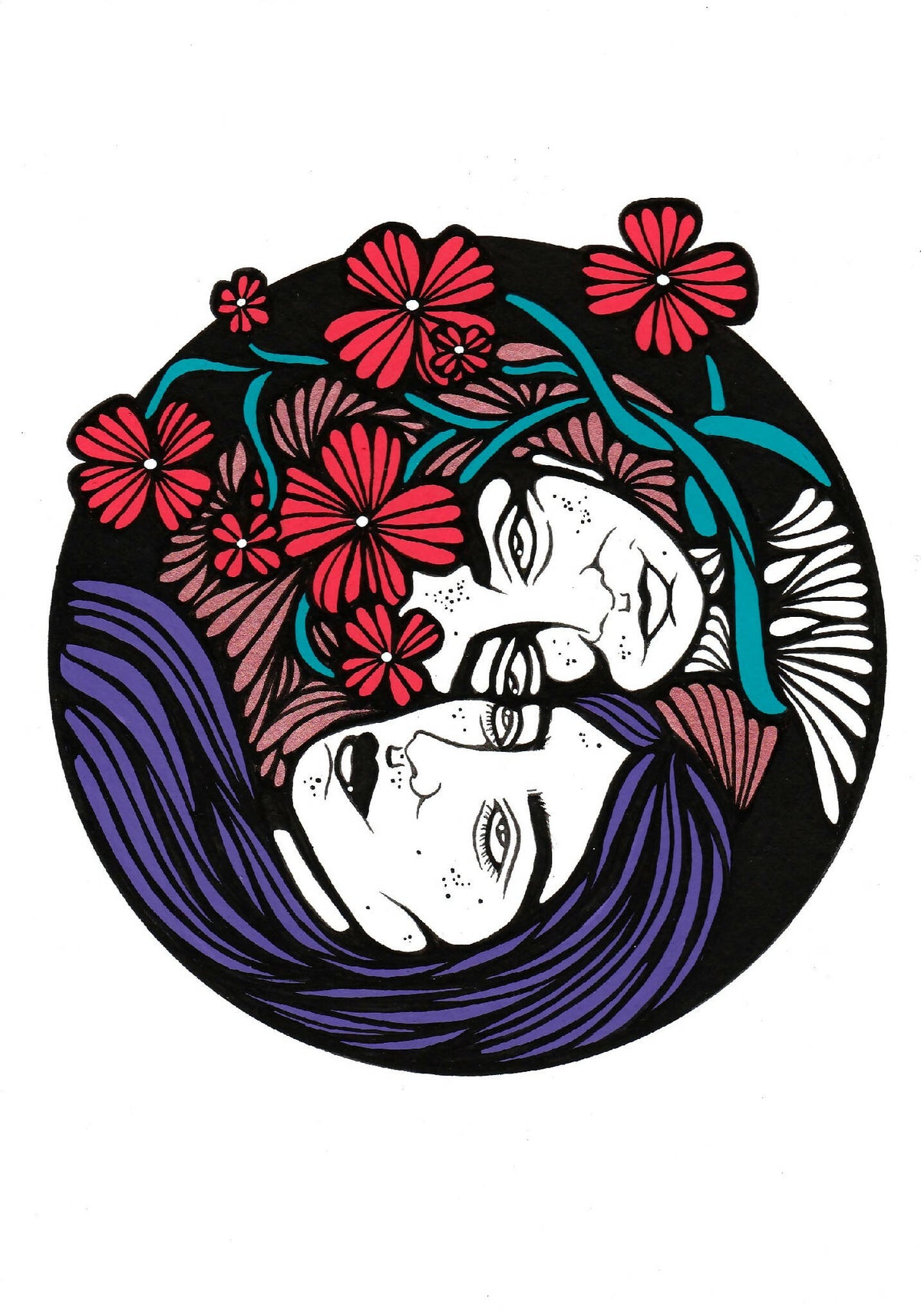 Illustration circulaire de deux visages, fleurs roses et feuillages, contours noirs