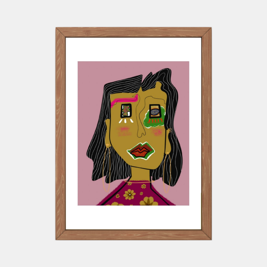 Illustration de femme stylisée encadrée, cheveux noirs et robe fleurie.