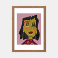 Illustration de femme stylisée encadrée, cheveux noirs et robe fleurie.
