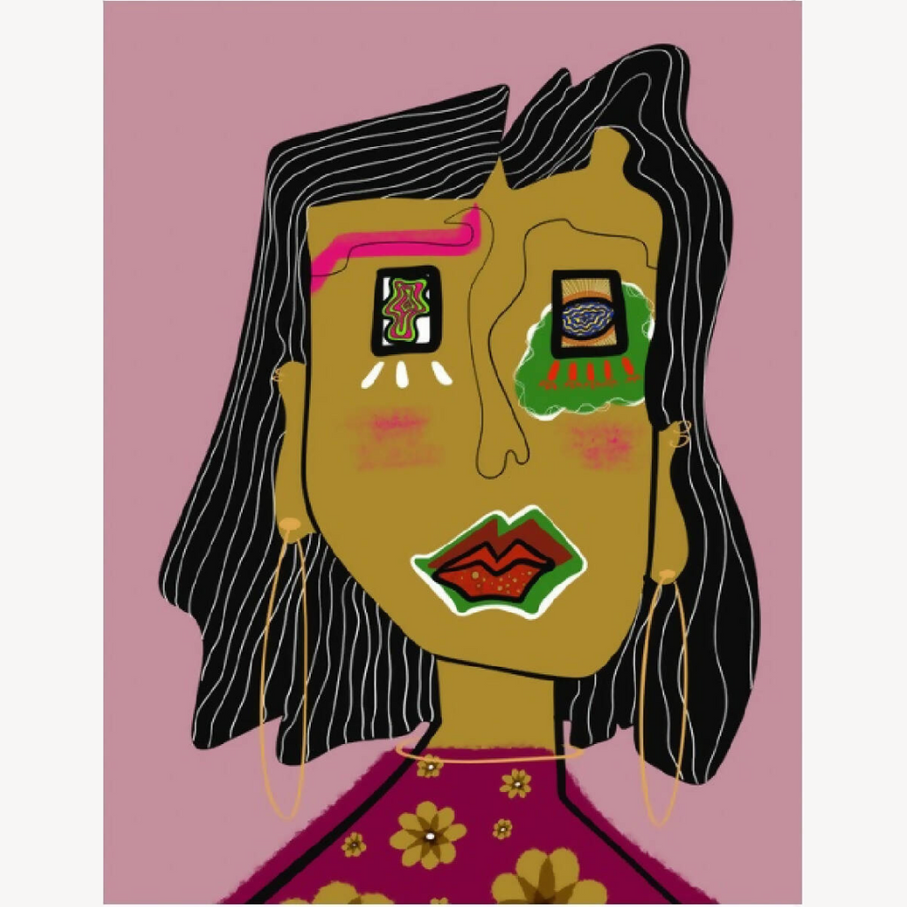 Illustration de femme stylisée aux cheveux noirs, bouche rouge et motifs multicolores.