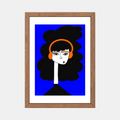 Illustration encadrée portrait d’une femme au casque orange et chevelure noire en nuage