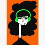 Illustration portrait d’une femme au casque vert, chevelure noire en nuage