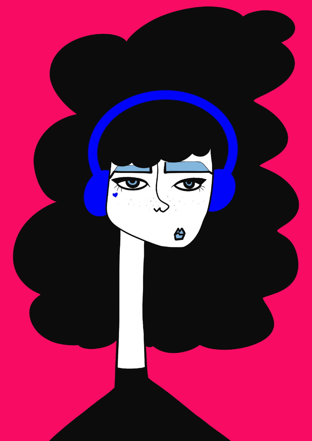 Illustration portrait d’une femme au casque bleu, chevelure noire en nuage