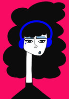 Illustration portrait d’une femme au casque bleu, chevelure noire en nuage