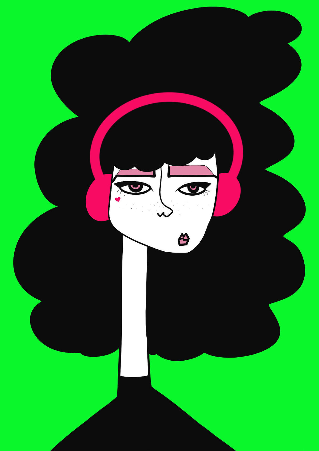 Illustration portrait d’une femme au casque rose, chevelure noire en nuage