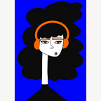 Illustration portrait d’une femme au casque orange, chevelure noire en nuage