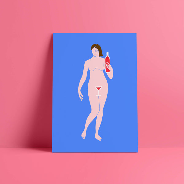 Affiche rectangulaire avec illustration d’une femme tenant une bouteille et un cocktail