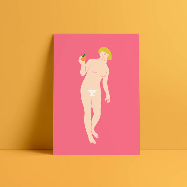 Illustration imprimée : femme nue stylisée tenant un fruit vert, fond rose