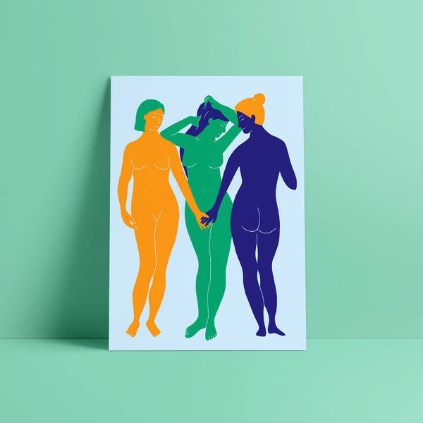 Affiche illustrée avec trois personnages stylisés aux teintes orange, vert et bleu.
