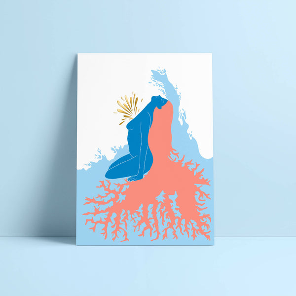 Affiche carrée encadrée, illustration mer et sirène stylisée en bleu et corail