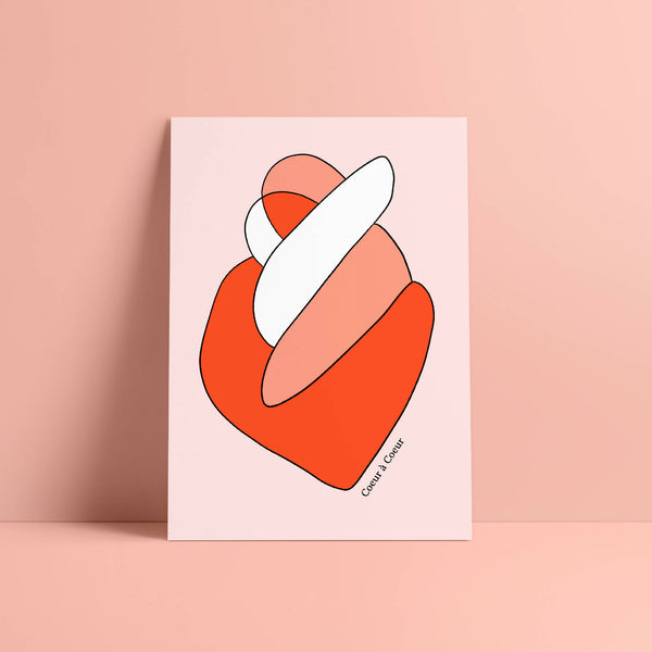 Affiche illustrée cœur à cœur, cœur orange et forme blanche, fond clair