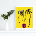 Illustration dans un cadre blanc : visages stylisés jaunes, noirs, bleus et roses.