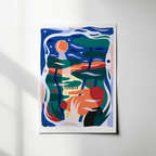 Illustration encadrée abstraite, visage stylisé bleu et orange, motifs verts