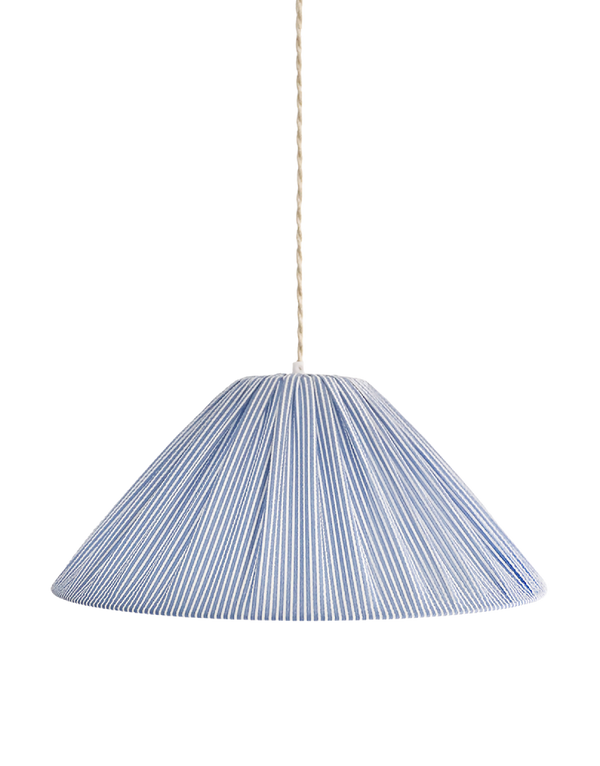Suspension conique à fines rayures bleues, tissu plissé, abat-jour suspendu.