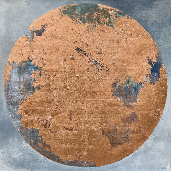 Tableau SÉLÉNÉ rond, fond orangé et bleu, texture picturale patinée