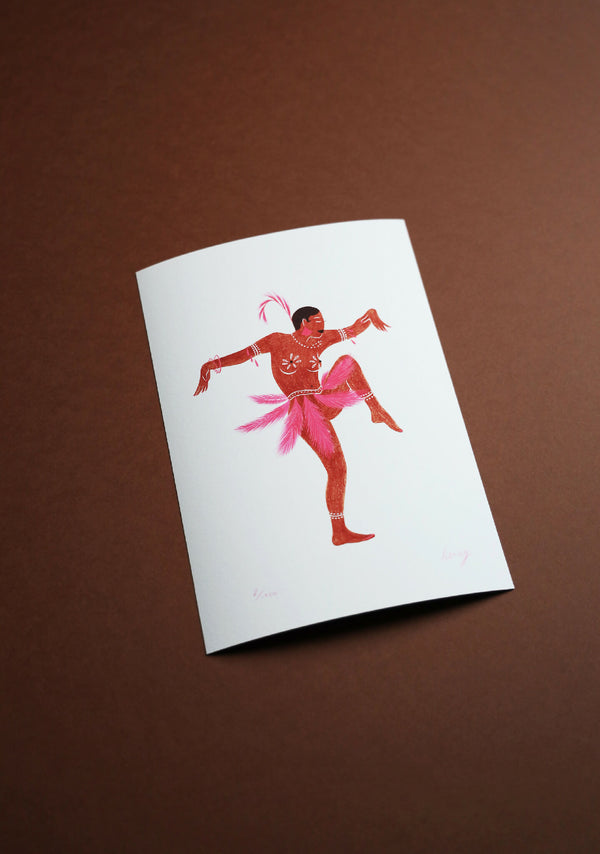 Tirage d’art Joséphine : carte blanche avec ballerine rose et rouge en mouvement.