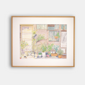 Affiche encadrée d’art « Jardin quotidien » : scène de jardin avec pots et fleurs.
