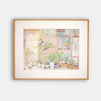 Affiche encadrée d’art « Jardin quotidien » : scène de jardin avec pots et fleurs.
