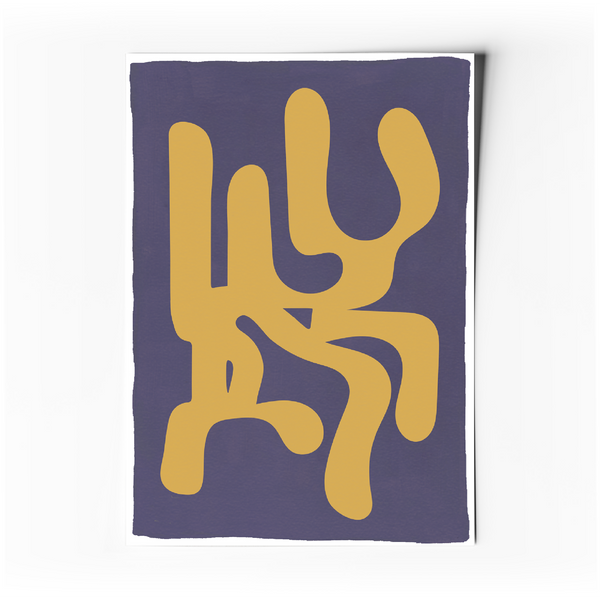 Affiche d’art abstrait rectangulaire avec formes géométriques jaunes sur fond violet foncé