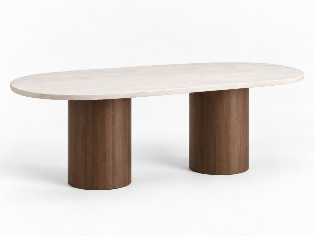 Travertine table with beech wood legs