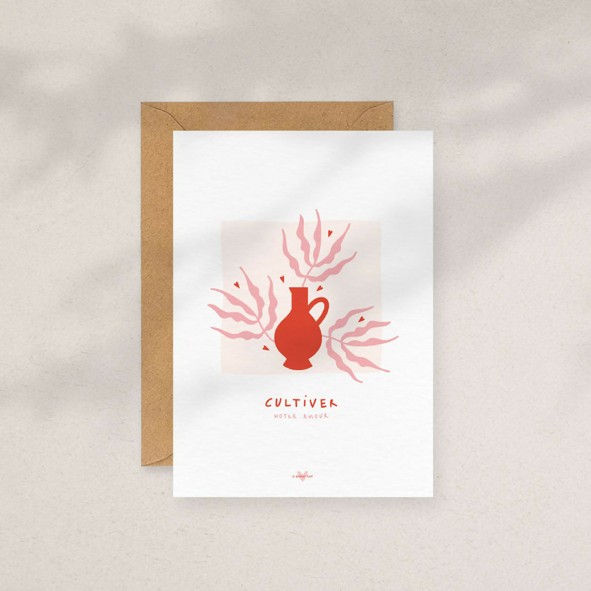 Carte de vœux blanche avec enveloppe kraft, illustration rouge et texte « Cultiver »