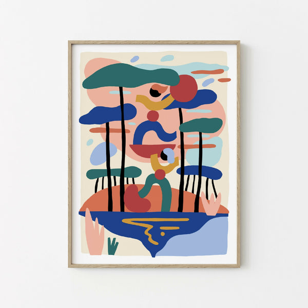 Digigraphie abstraite encadrée: figures stylisées et parapluies, formes colorées sur fond clair.