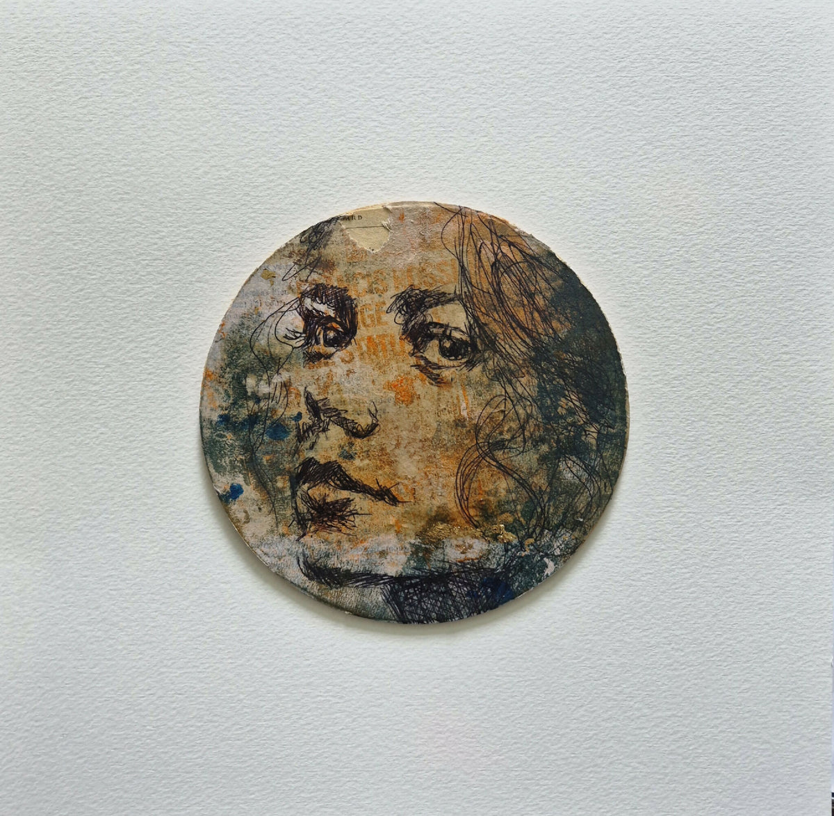 Tableau original Rossignol avec portrait circulaire abstrait dans un cadre