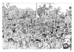 Affiche encadrée noir et blanc, illustration de foule avec palmiers et textes graphiques.
