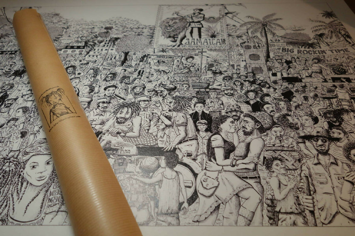 Affiche noir et blanc enroulée, dessin de foule visible au centre.