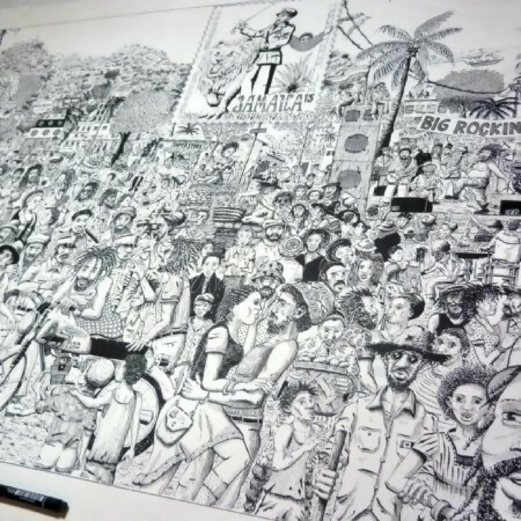 Affiche noir et blanc : scène urbaine dense, personnages et instruments, composition panoramique.