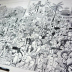 Affiche noir et blanc, gros plan : foule, portraits et éléments décoratifs, ambiance festival.