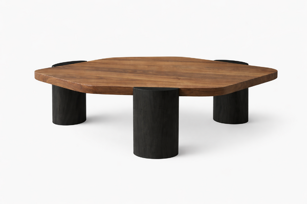 Table en noyer avec plateau rond carré et piétement cylindrique sombre.