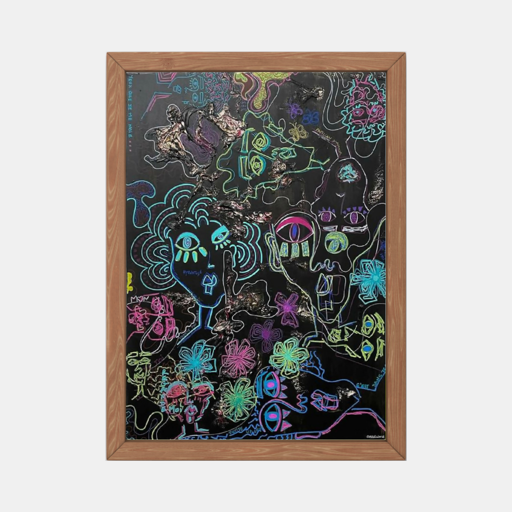 Illustration encadrée en bois, fond sombre avec motifs néon de visages et formes