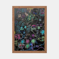 Illustration encadrée en bois, fond sombre avec motifs néon de visages et formes