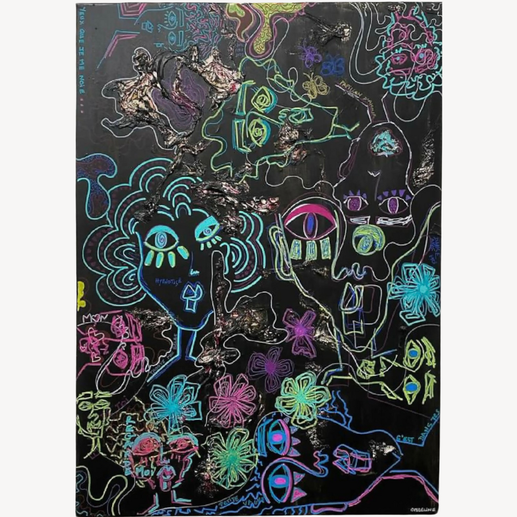 Toile fond sombre avec motifs néon de visages, formes et gribouillis colorés