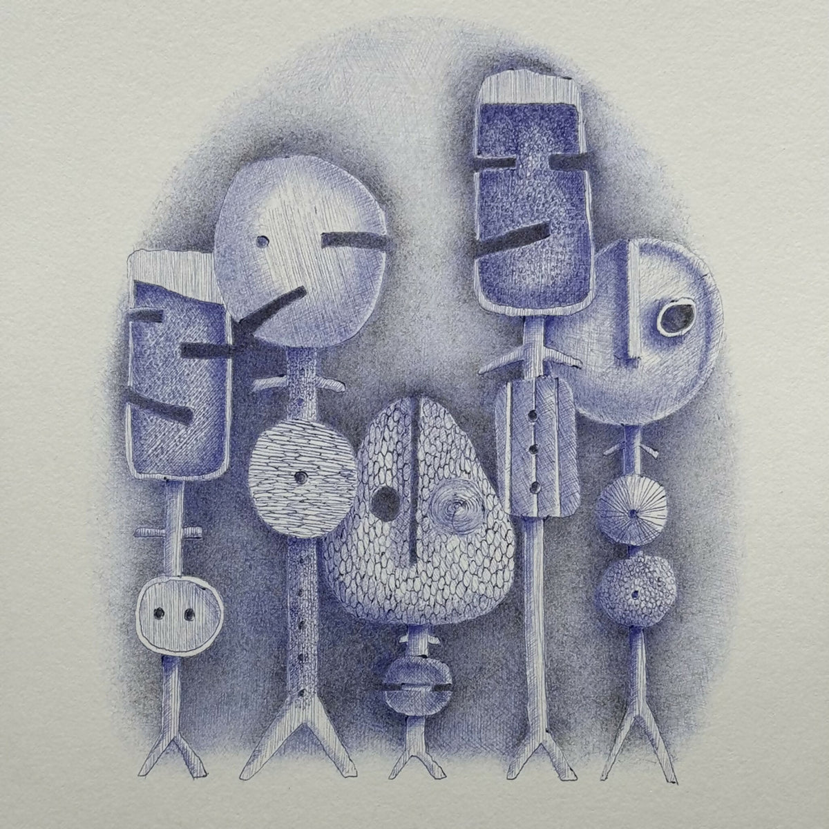 Tableau avec personnages abstraits en bleu et gris, formes graphiques signées.