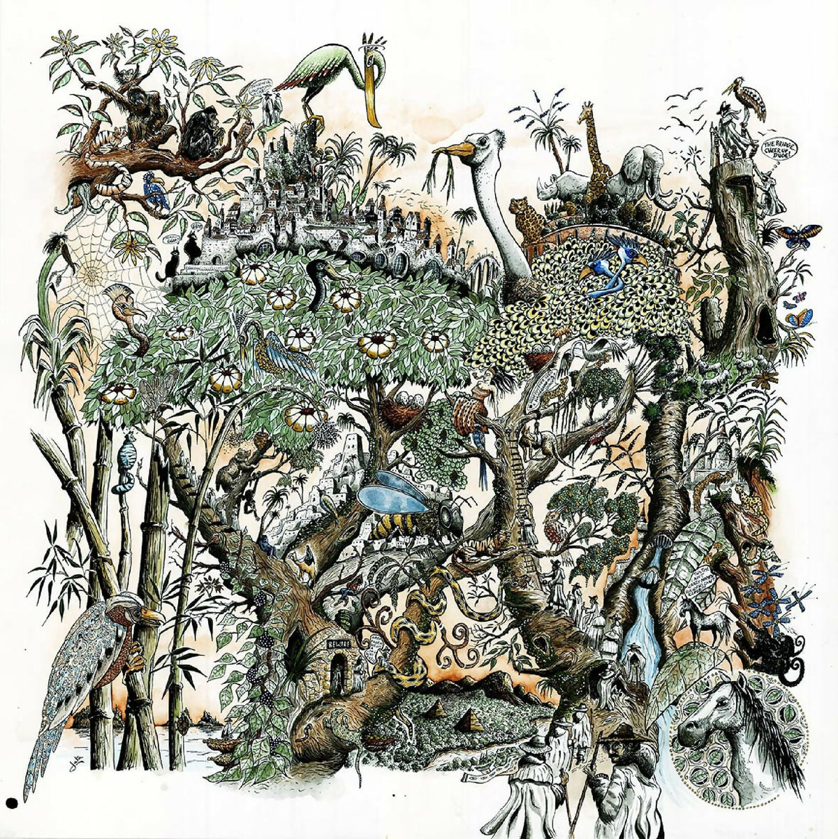 Illustration animalière sur papier, scène d’oiseaux et animaux, carré 30×30 cm