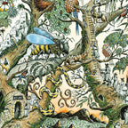 Illustration d’animaux exotiques et décor jungle, grandes palmiers, carré 30×30 cm