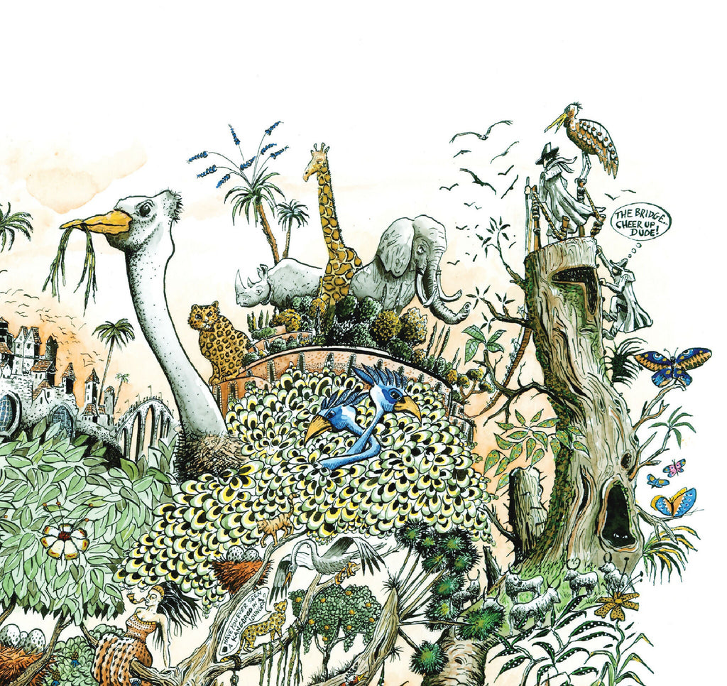 Illustration d’animaux exotiques autour d’une fontaine, paysage jungle, carré 30×30 cm