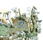 Illustration d’animaux exotiques autour d’une fontaine, paysage jungle, carré 30×30 cm