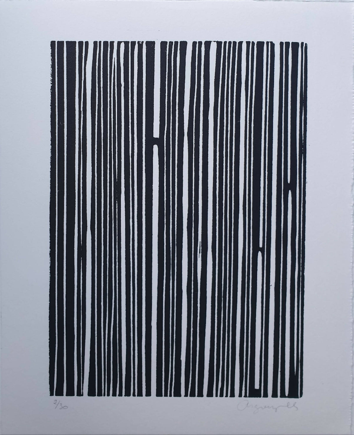 Impression « La ligne du temps » (2023) : motif code-barres noir sur papier blanc