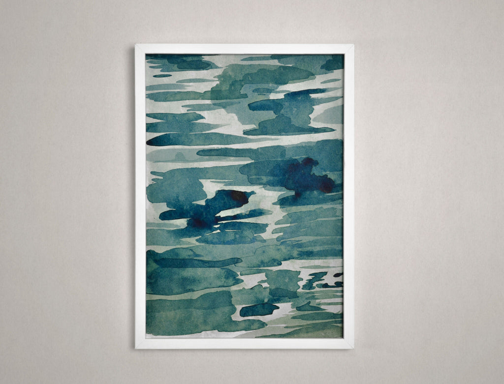 Affiche encadrée abstraite aux tons bleu-vert, motifs aquarelle sur fond clair