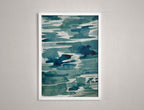 Affiche encadrée abstraite aux tons bleu-vert, motifs aquarelle sur fond clair