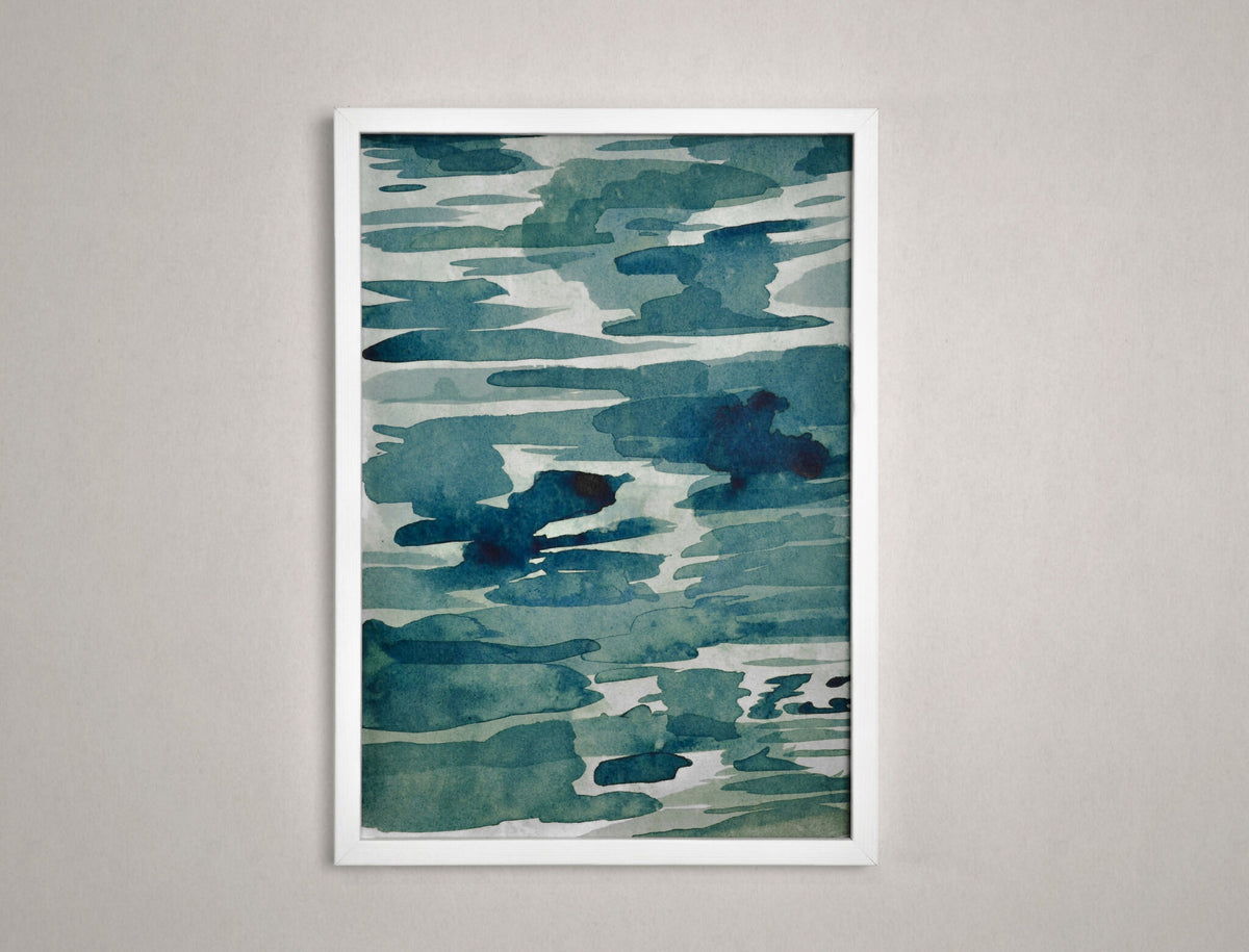 Affiche encadrée abstraite aux tons bleu-vert, motifs aquarelle sur fond clair