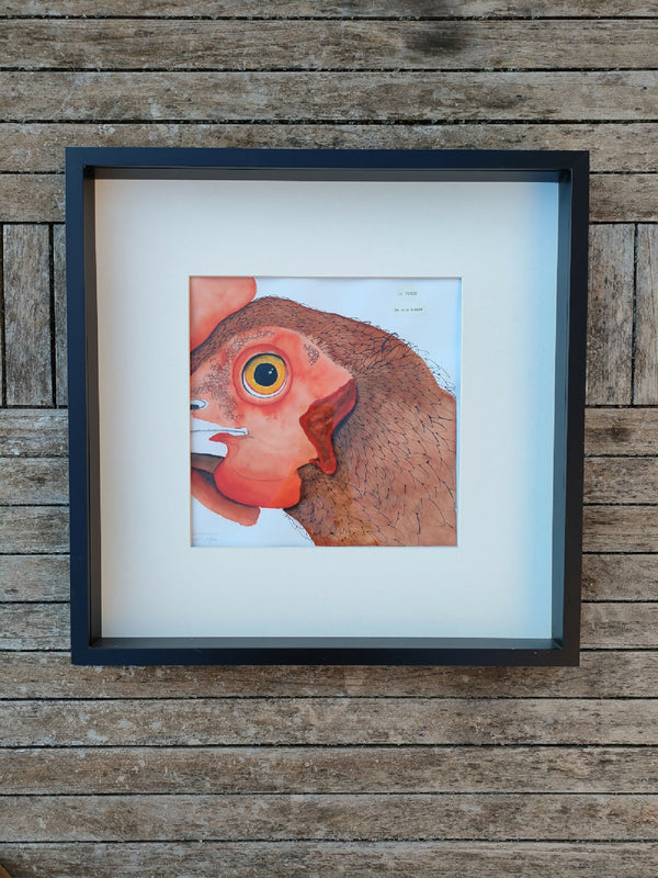 Illustration de poule encadrée, tête orange et plumage brun, style aquarelle.
