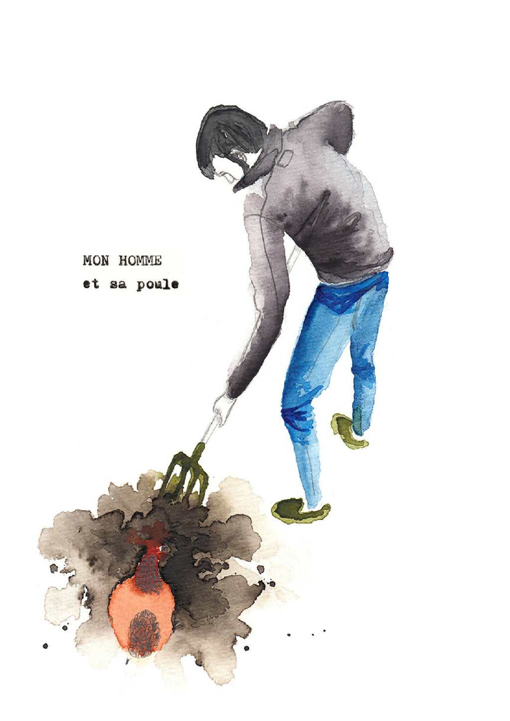 Affiche illustrée : homme tirant une poule au bout d’une canne, aquarelle