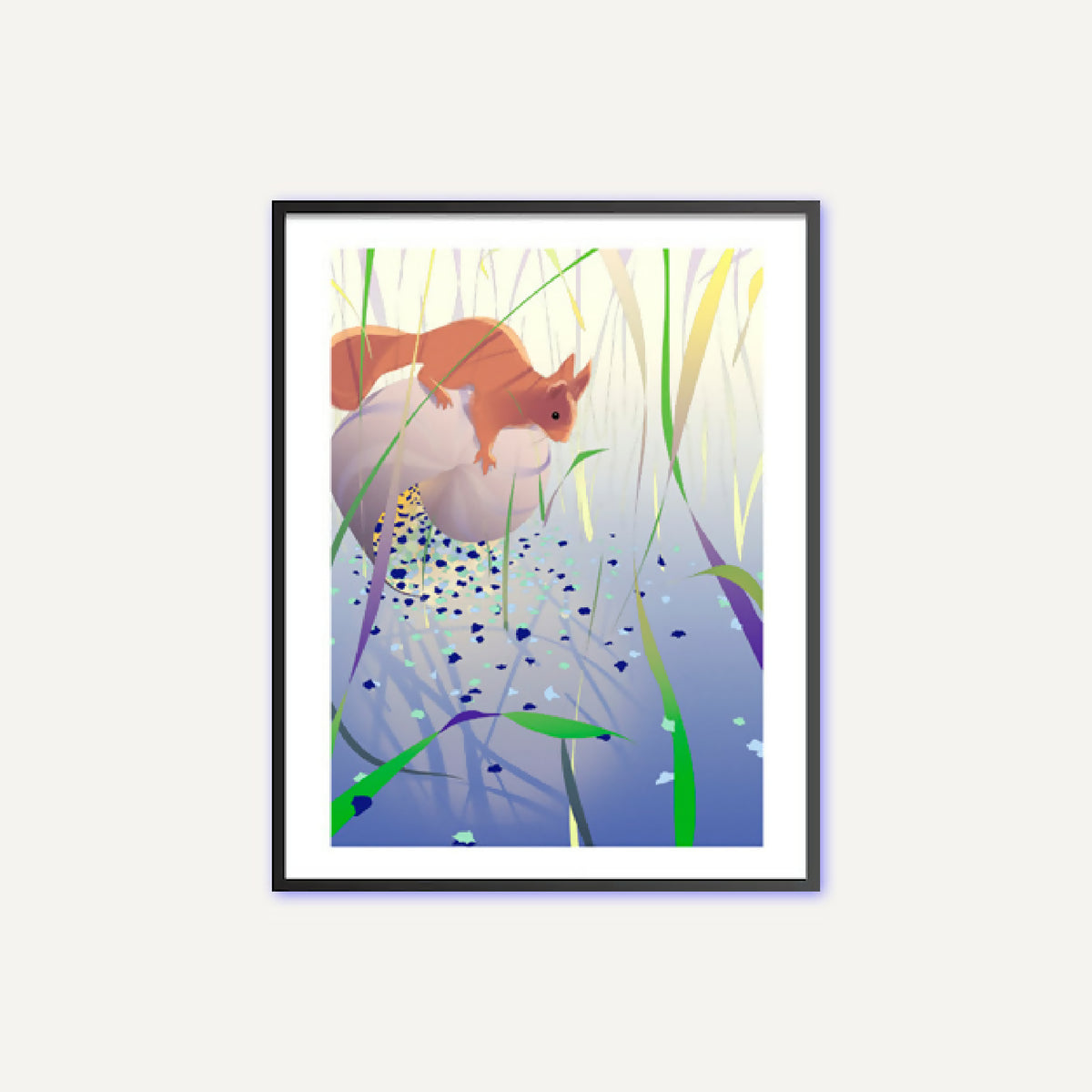 Affiche encadrée avec un chat brun dans des herbes vertes, fond bleu abstrait.